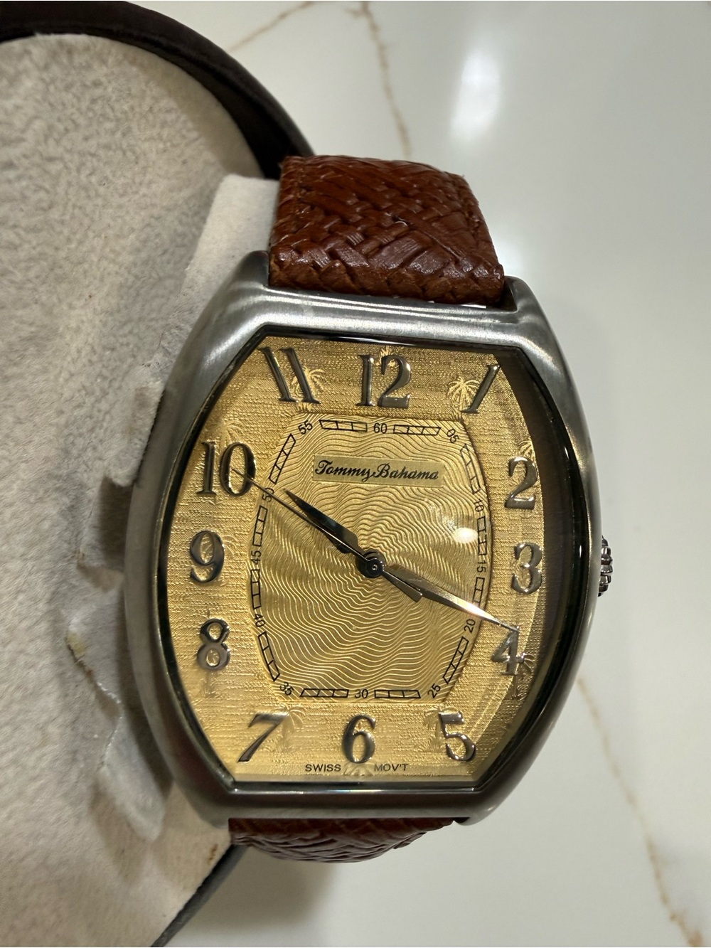 Tommy Bahama Men's Tonneau Gold Dial Quartz Brown Leather Strap Watch
